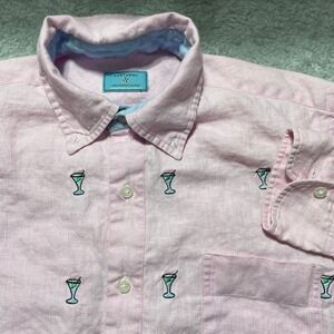 Castaway Nantucket Island Mens Pink 100% Linen Martini Embroidered Shirt Medium
